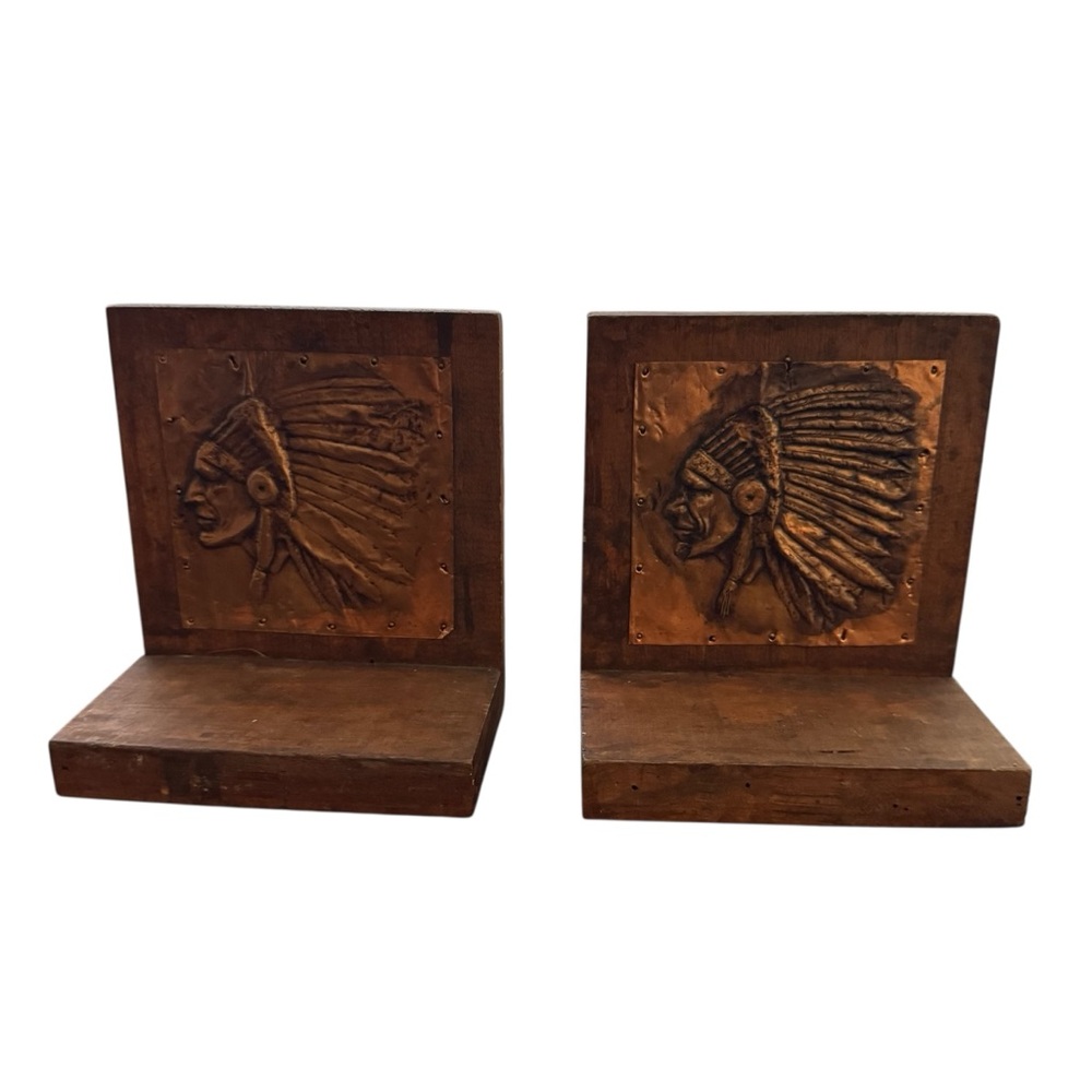 Vintage Embossed Copper Metal Native American Chief Head Bookends Pair